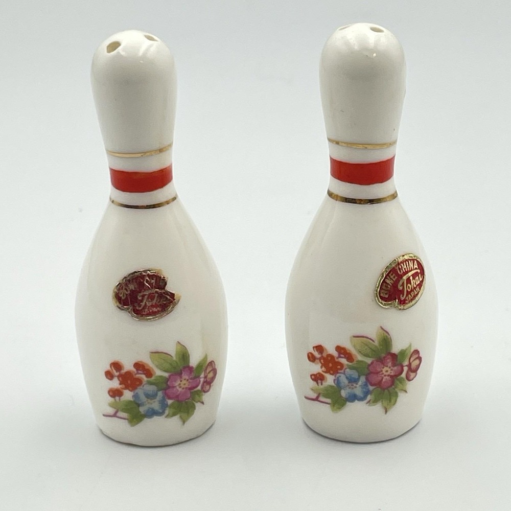 Vintage 1950s Tokai Bone China Japan Bowling Pin Salt‎ & Pepper Shakers Floral